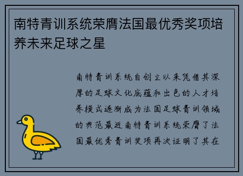 南特青训系统荣膺法国最优秀奖项培养未来足球之星
