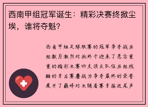 西南甲组冠军诞生：精彩决赛终掀尘埃，谁将夺魁？